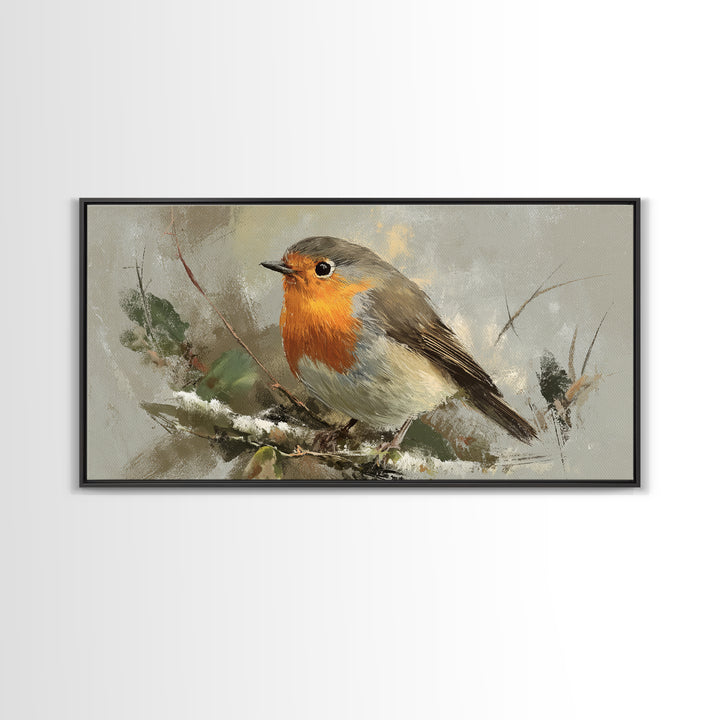 Robin in a Spring Garden with Soft Framed Canvas Print, Bird Art, Bird Prints, Living Room Decor, Watercolor Art, Flight, BIR-2x1-59