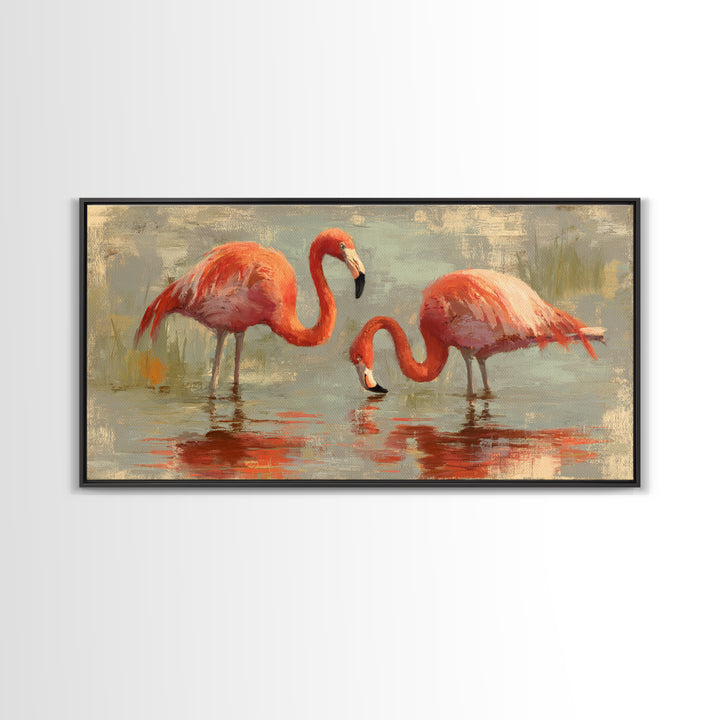 Flamingo Pair in Coral Water Reflections Framed Canvas Print, Bird Art, Luxury Decor, Living Room Decor, Fine Art, Flight, BIR-2x1-6