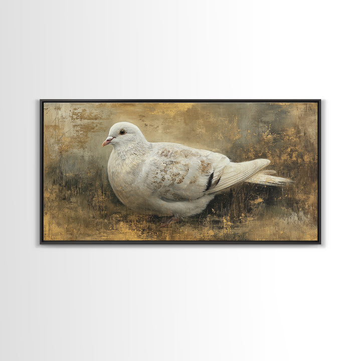 White Dove with Olive Branch and Calm Framed Canvas Print, Bird Art, Art Deco, Living Room Decor, Flight, Gallery Wall, BIR-2x1-60