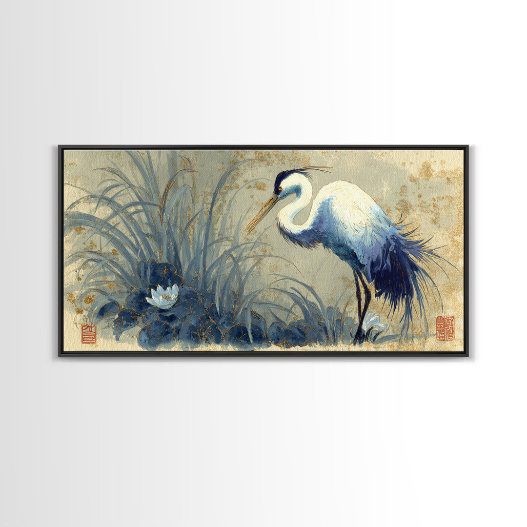 Crane and Lotus Composition Canvas Print, Bird Art, Printable Wall Art, Living Room Decor, Fine Art, Flight, Modern Art, BIR-2x1-61