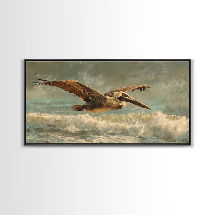 Pelican Flying over Coastal Waves Canvas Print, Bird Art, Room Decor, Living Room Decor, Oil Painting, Flight, Digital Print, BIR-2x1-62