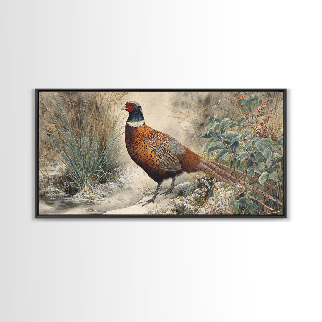 Pheasant with Ornate Feather Details Canvas Print, Bird Art, Living Room Decor, Fine Art, Flight, Rustic Home Decor, Floral Art, BIR-2x1-63