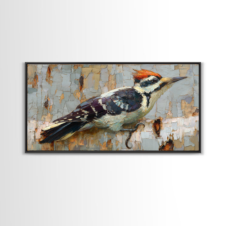 Woodpecker on Birch Bark Texture Framed Canvas Print, Bird Art, Mid Century Modern, Living Room Decor, Abstract Art, Flight, BIR-2x1-65