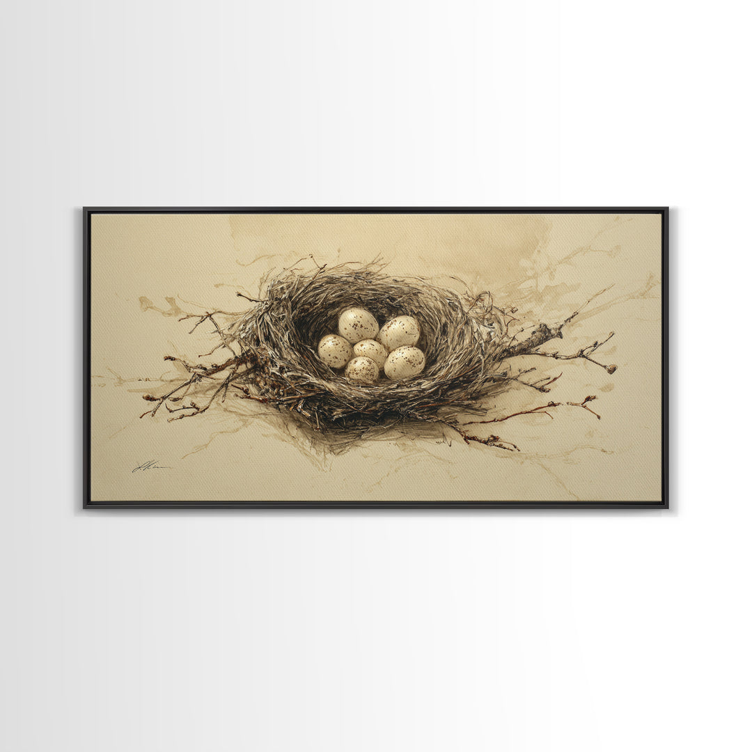 Bird Nest with Eggs and Delicate Twigs Canvas Print, Bird Art, Textured Painting, Living Room Decor, Watercolor Art, Flight, BIR-2x1-66