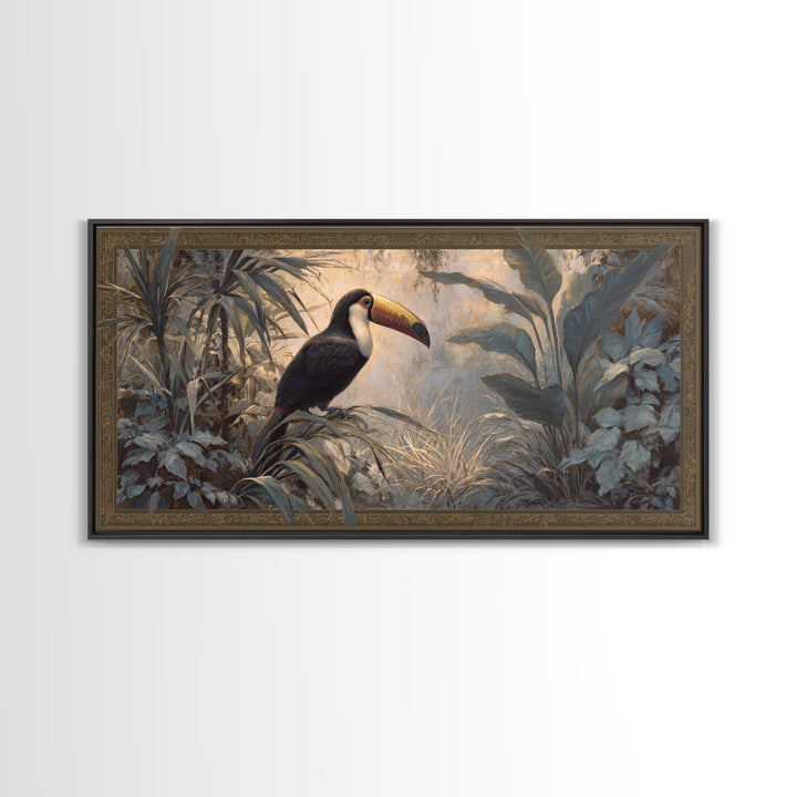Toucan Framed by Bold Jungle Foliage Framed Canvas Print, Bird Art, Rustic Home Decor, Living Room Decor, Fine Art, Flight, BIR-2x1-67