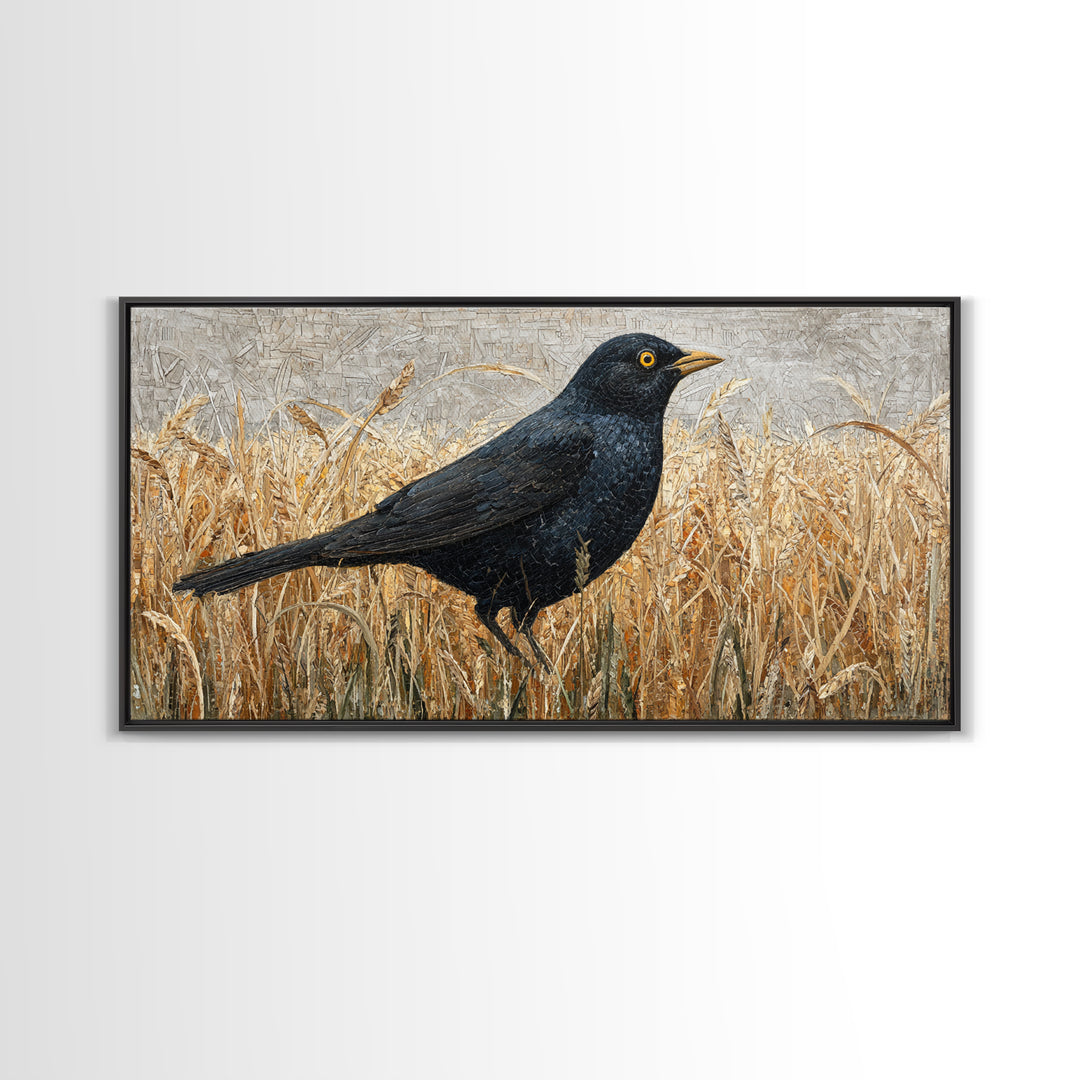Blackbird on Gold Wheat Field Canvas Print, Bird Art, Digital Print, Living Room Decor, Watercolor Art, Flight, Bird Prints, BIR-2x1-68