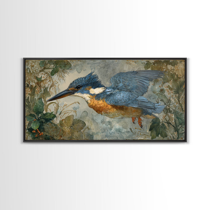 Kingfisher Diving Toward Blue Water Framed Canvas Print, Bird Art, Wall Decor, Living Room Decor, Flight, Boho Wall Decor, BIR-2x1-7