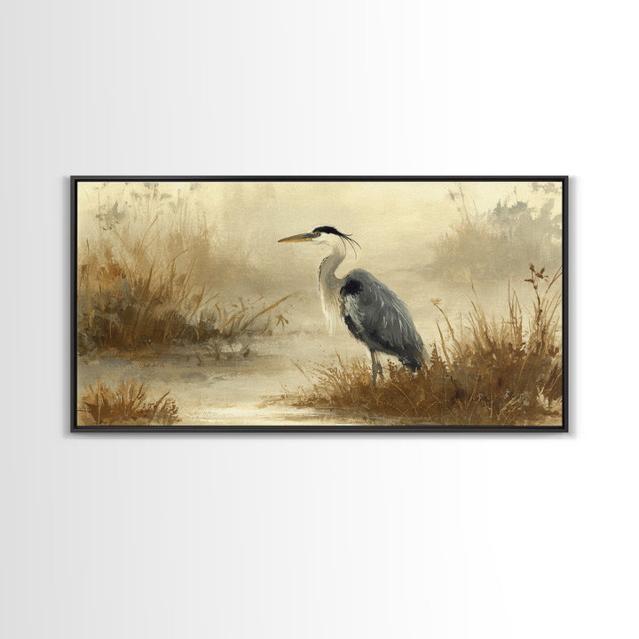 Blue Heron in Misty Marsh Grass Canvas Print, Bird Art, Digital Prints, Living Room Decor, Fine Art, Flight, Modern Art, BIR-2x1-70