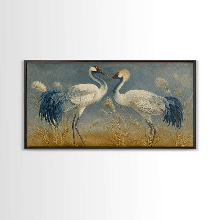 Pair of Cranes Dancing Canvas Print, Bird Art, Nature Prints, Living Room Decor, Abstract Art, Flight, Boho Decor, BIR-2x1-71