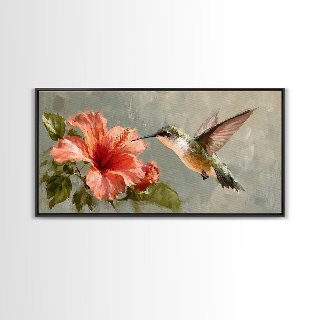 Hummingbird Hovering Beside Bright Hibiscus Framed Canvas Print, Bird Art, Printable Art, Living Room Decor, Fine Art, Flight, BIR-2x1-72