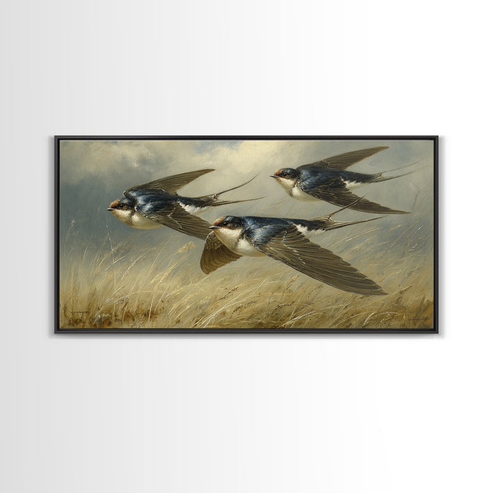 Flock of Swallows Sweeping Across Open Sky Canvas Print, Bird Art, Living Room Decor, Watercolor Art, Flight, BIR-2x1-74