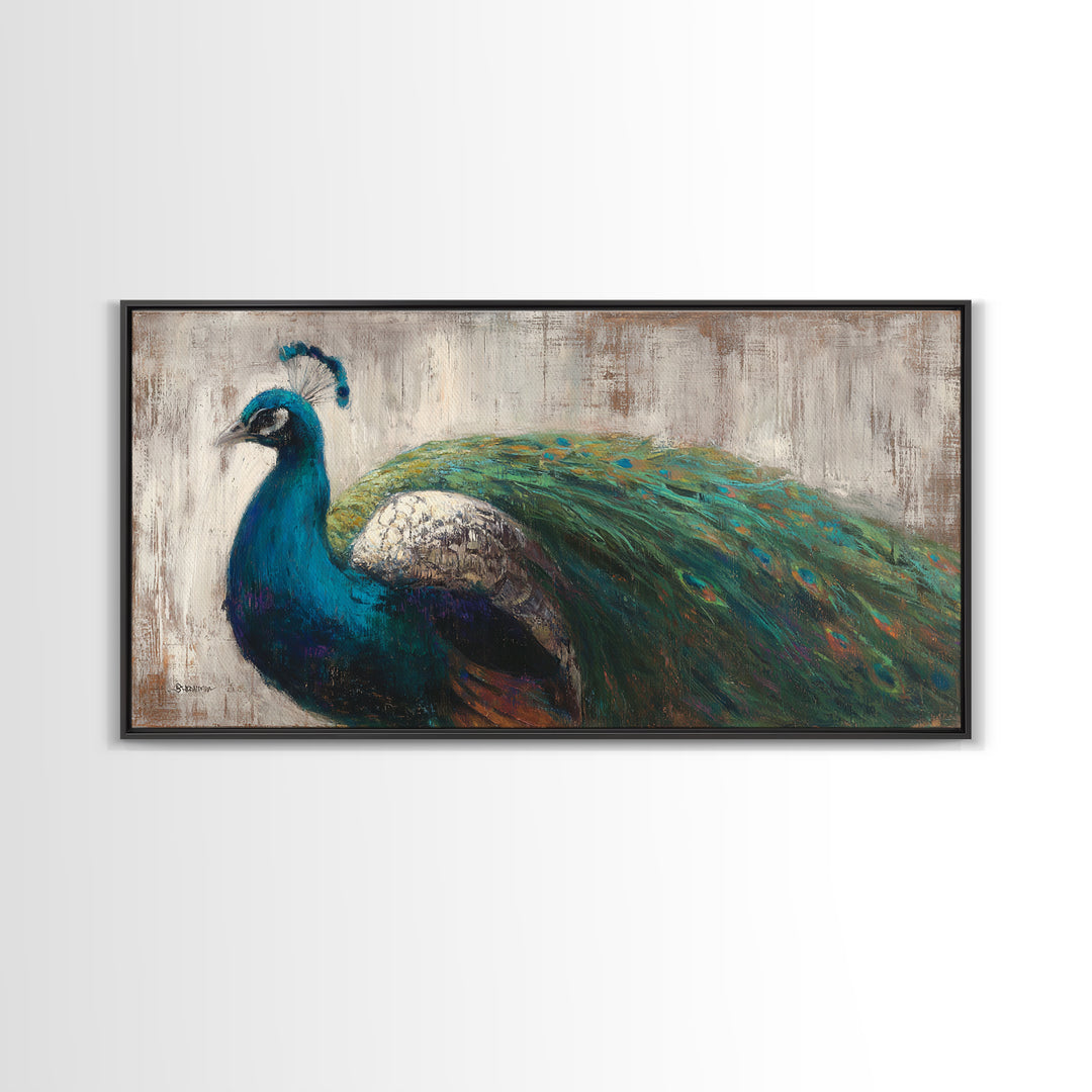 Peacock with Jewel Tone Feather Pattern Framed Canvas Print, Bird Art, Boho Decor, Living Room Decor, Fine Art, Flight, BIR-2x1-75