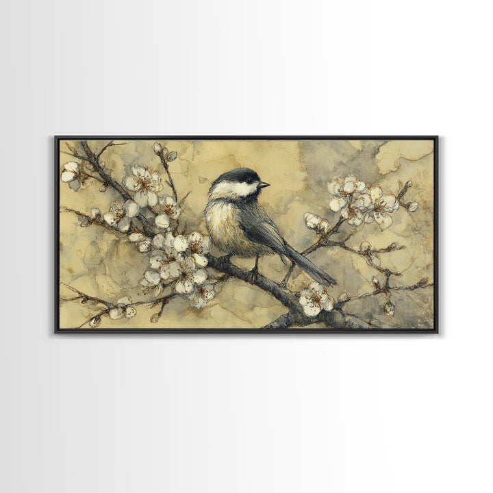 Songbird Perched on Cherry Blossoms Canvas Print, Bird Art, Living Room Decor, Fine Art, Flight, Rustic Home Decor, Floral Art, BIR-2x1-76