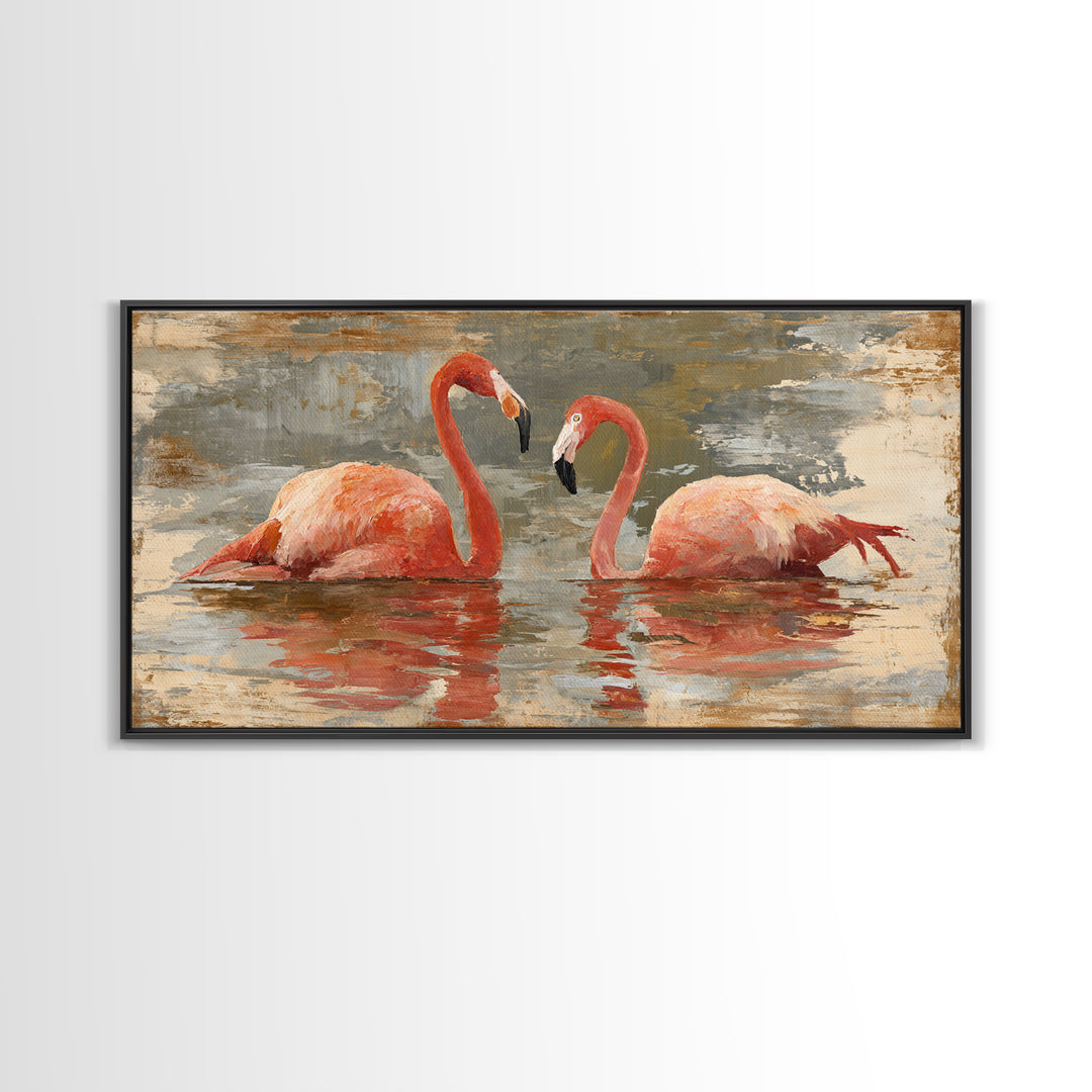 Flamingo Pair in Coral Water Reflections Canvas Print, Bird Art, Contemporary Art, Living Room Decor, Fine Art, Flight, BIR-2x1-78