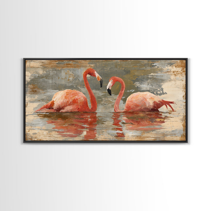 Flamingo Pair in Coral Water Reflections Canvas Print, Bird Art, Contemporary Art, Living Room Decor, Fine Art, Flight, BIR-2x1-78