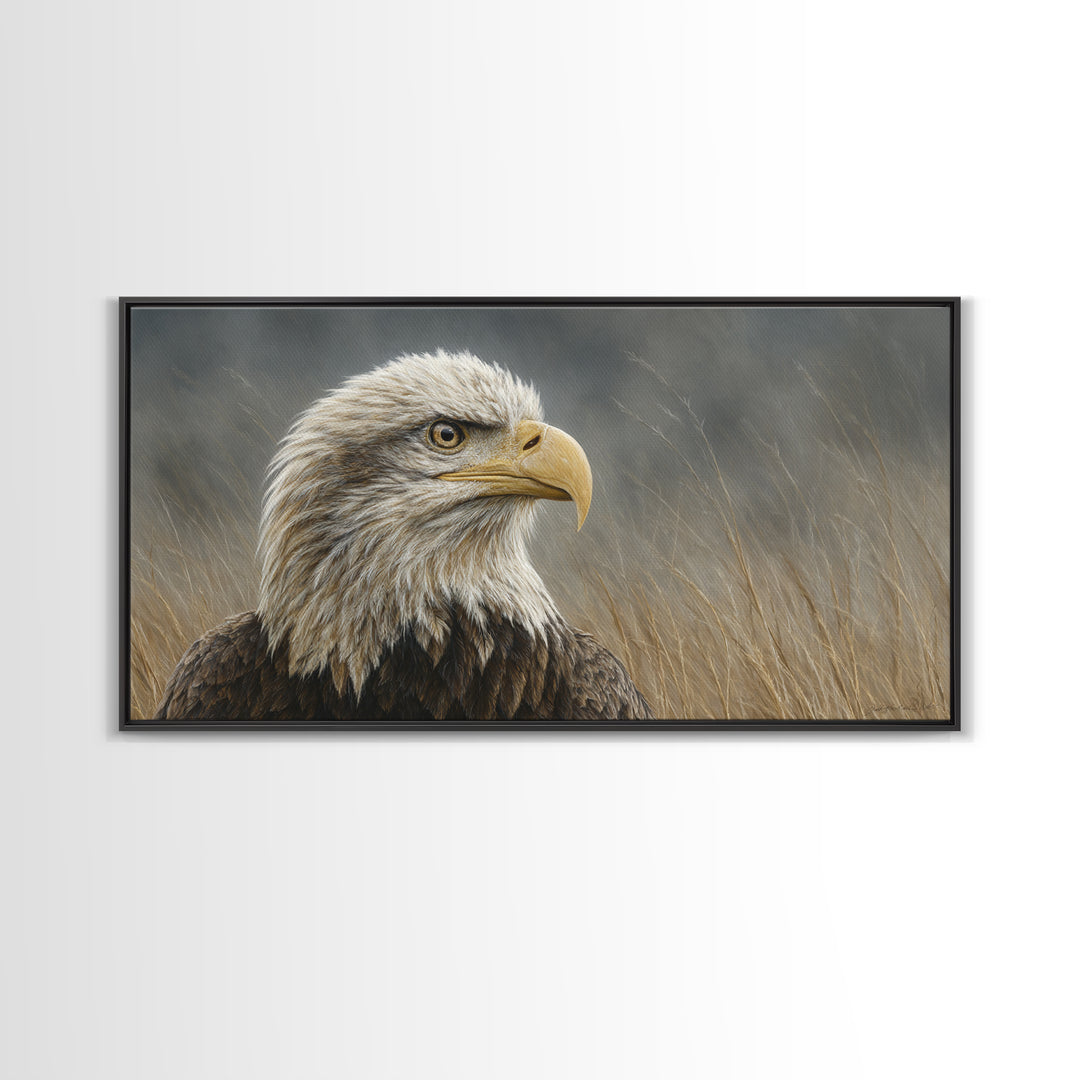 Eagle Portrait with Dramatic Mountain Wind Framed Canvas Print, Bird Art, Luxury Decor, Living Room Decor, Fine Art, Flight, BIR-2x1-8