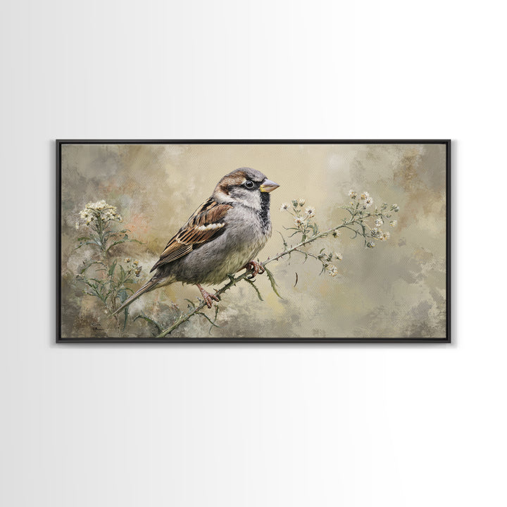 Small Sparrow on Wildflower Stem Canvas Print, Bird Art, Wall Art, Living Room Decor, Watercolor Art, Flight, Japanese Wall Art, BIR-2x1-82