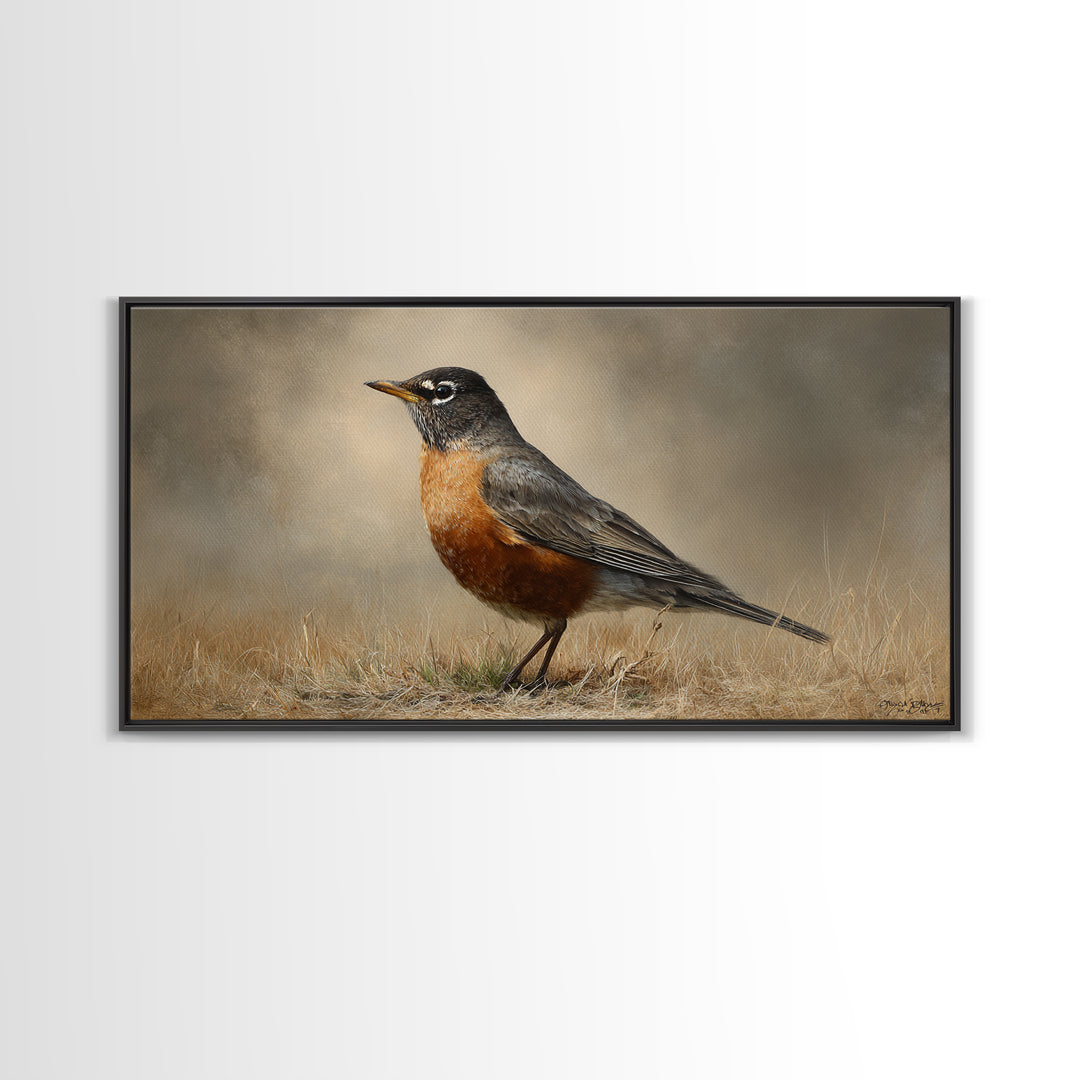 Robin in a Spring Garden with Soft Framed Canvas Print, Bird Art, Contemporary Art, Living Room Decor, Oil Painting, Flight, BIR-2x1-83