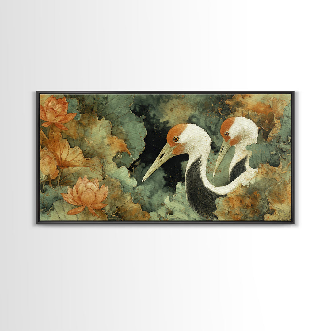 Crane and Lotus Composition Framed Canvas Print, Bird Art, Farmhouse Decor, Living Room Decor, Flight, Digital Download Art, BIR-2x1-85