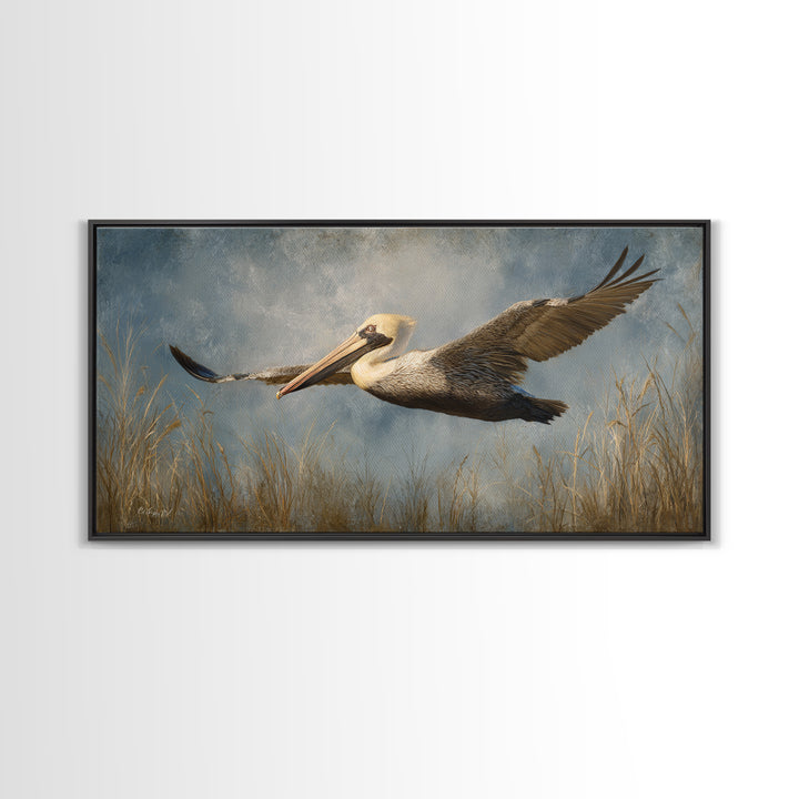 Pelican Flying over Coastal Waves Framed Canvas Print, Bird Art, Home Decor, Living Room Decor, Flight, Modern Wall Art, BIR-2x1-86