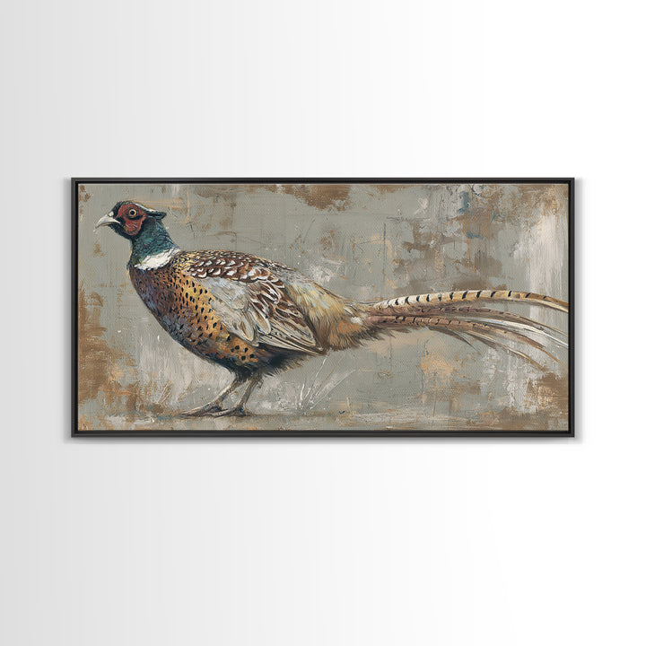 Pheasant with Ornate Feather Details Framed Canvas Print, Bird Art, Mid Century Wall Art, Living Room Decor, Fine Art, Flight, BIR-2x1-87