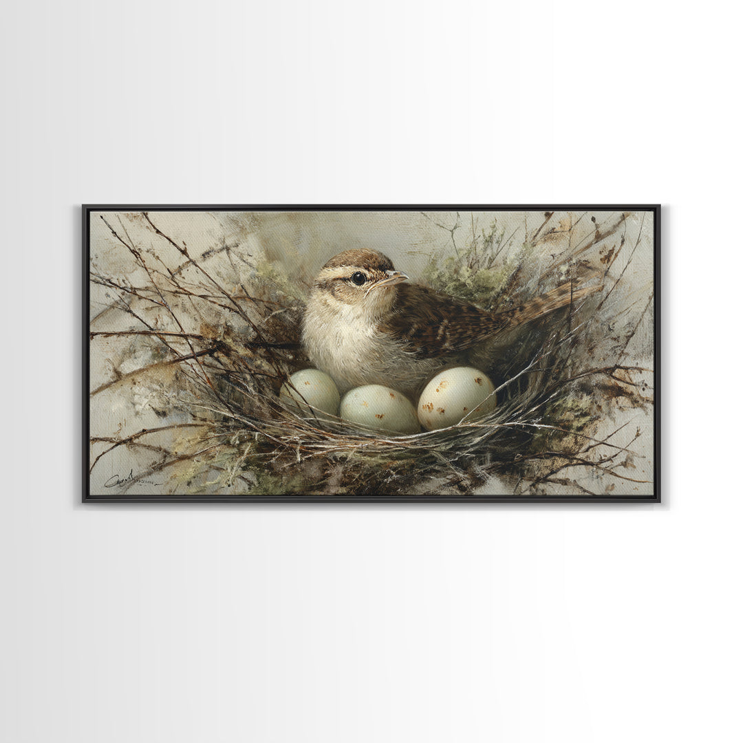 Bird Nest with Eggs and Delicate Twigs Framed Canvas Print, Bird Art, Wall Decor, Living Room Decor, Oil Painting, Flight, BIR-2x1-90