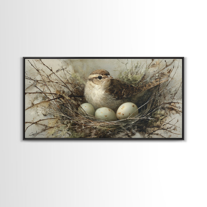 Bird Nest with Eggs and Delicate Twigs Framed Canvas Print, Bird Art, Wall Decor, Living Room Decor, Oil Painting, Flight, BIR-2x1-90