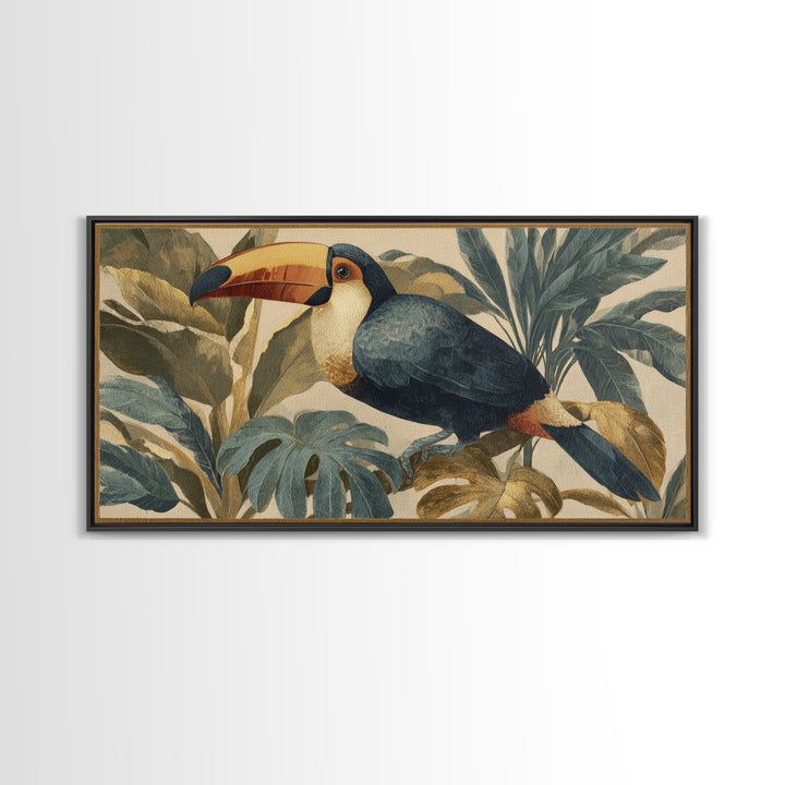Toucan Framed by Bold Jungle Foliage Framed Canvas Print, Bird Art, Original Art, Living Room Decor, Fine Art, Flight, BIR-2x1-91