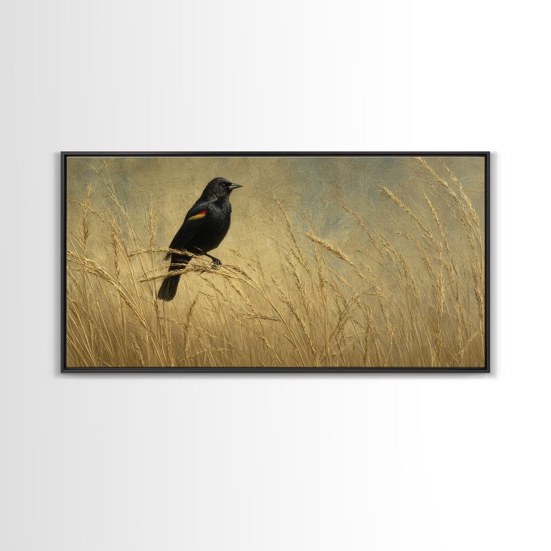 Blackbird on Gold Wheat Field Framed Canvas Print, Bird Art, Modern Wall Art, Living Room Decor, Oil Painting, Flight, BIR-2x1-92