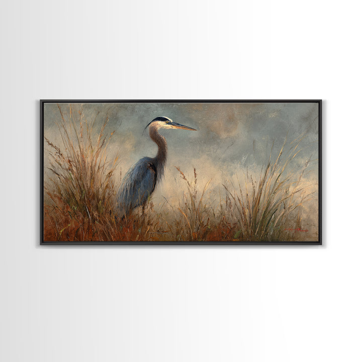 Blue Heron in Misty Marsh Grass Canvas Print, Bird Art, Digital Prints, Living Room Decor, Fine Art, Flight, Modern Art, BIR-2x1-94