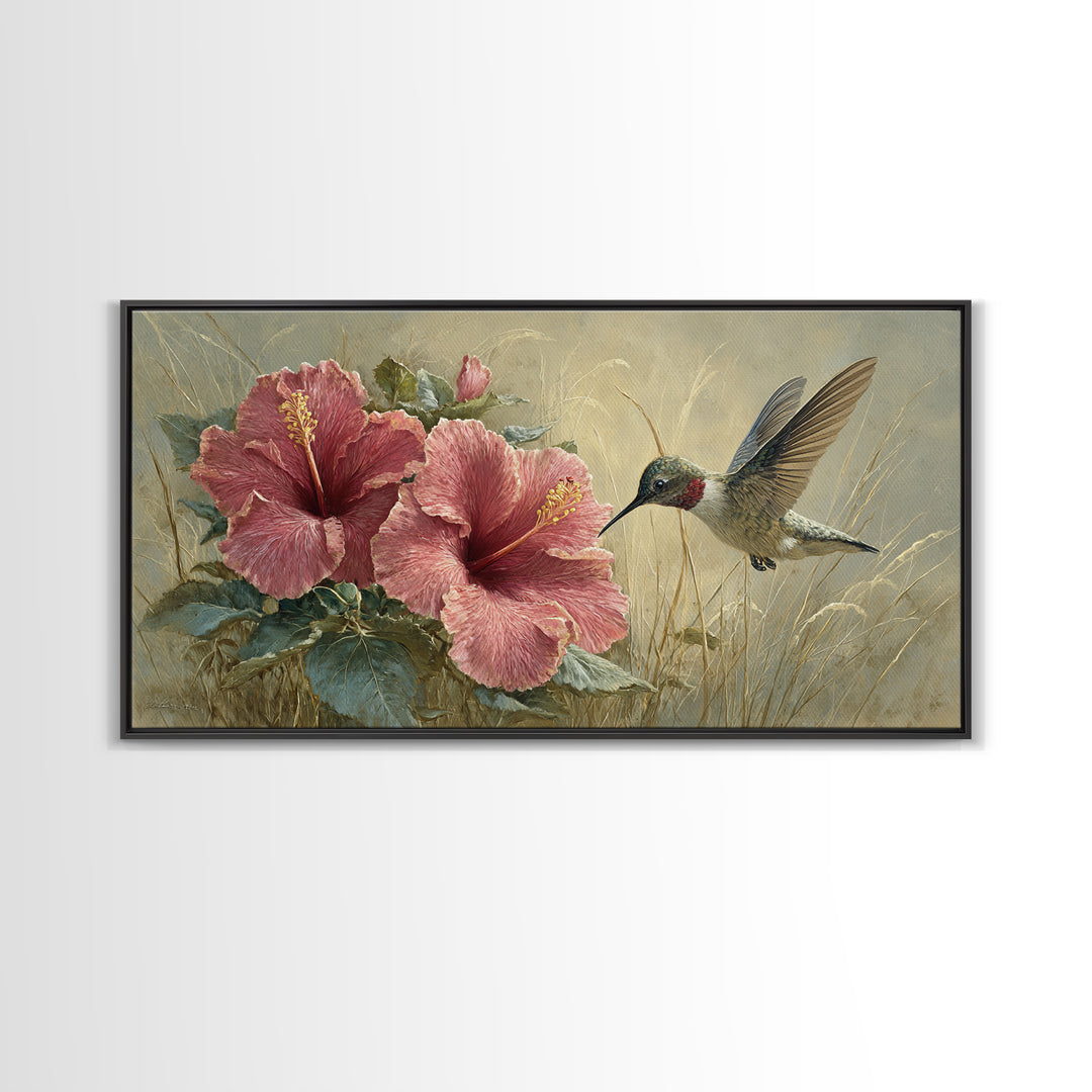 Hummingbird Hovering Beside Bright Hibiscus Framed Canvas Print, Bird Art, Bird Prints, Living Room Decor, Oil Painting, Flight, BIR-2x1-96