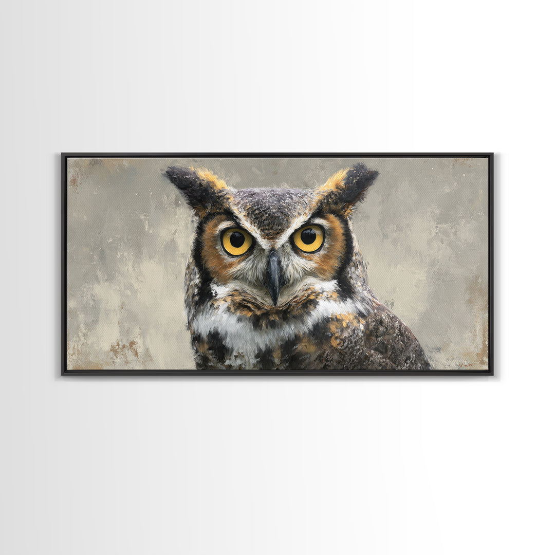 Owl Portrait with Wise Golden Eyes Framed Canvas Print, Bird Art, Japanese Wall Art, Living Room Decor, Oil Painting, Flight, BIR-2x1-97