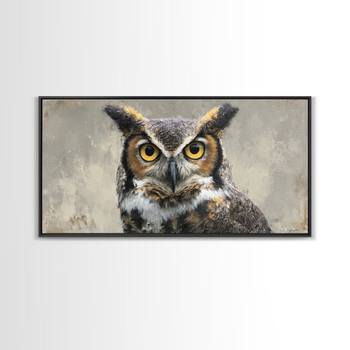 Owl Portrait with Wise Golden Eyes Framed Canvas Print, Bird Art, Japanese Wall Art, Living Room Decor, Oil Painting, Flight, BIR-2x1-97