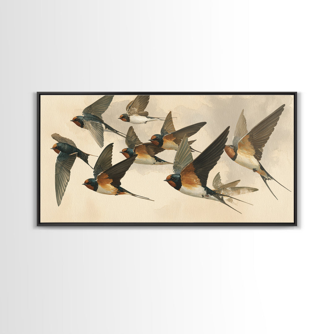Flock of Swallows Sweeping Across Open Sky Canvas Print, Bird Art, Living Room Decor, Watercolor Art, Flight, BIR-2x1-98