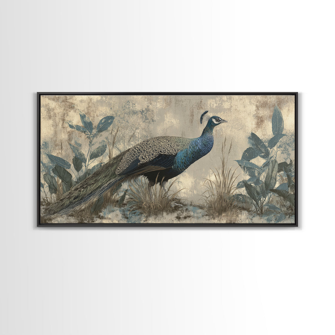 Peacock with Jewel Tone Feather Pattern Framed Canvas Print, Bird Art, Boho Wall Decor, Living Room Decor, Fine Art, Flight, BIR-2x1-99