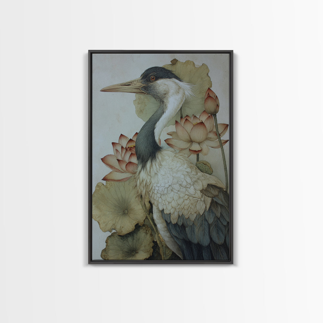 Crane and Lotus Composition Framed Canvas Print, Bird Art, Wall Art, Living Room Decor, Fine Art, Flight, Japanese Wall Art, BIR-2x3-1