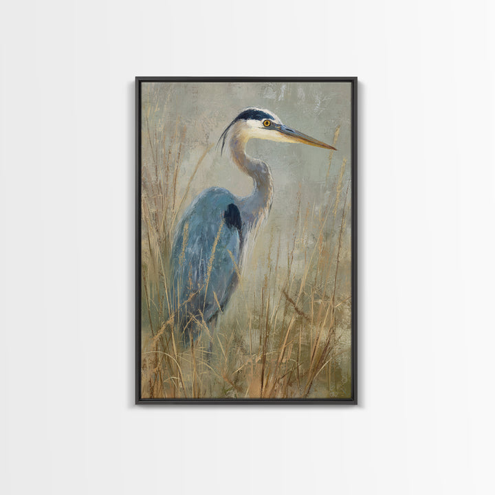 Blue Heron in Misty Marsh Grass Canvas Print, Bird Art, Luxury Decor, Living Room Decor, Flight, Art Deco, Original Art, BIR-2x3-10