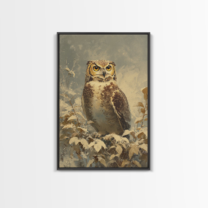 Owl Portrait with Wise Golden Eyes Framed Canvas Print, Bird Art, Digital Prints, Living Room Decor, Fine Art, Flight, BIR-2x3-13