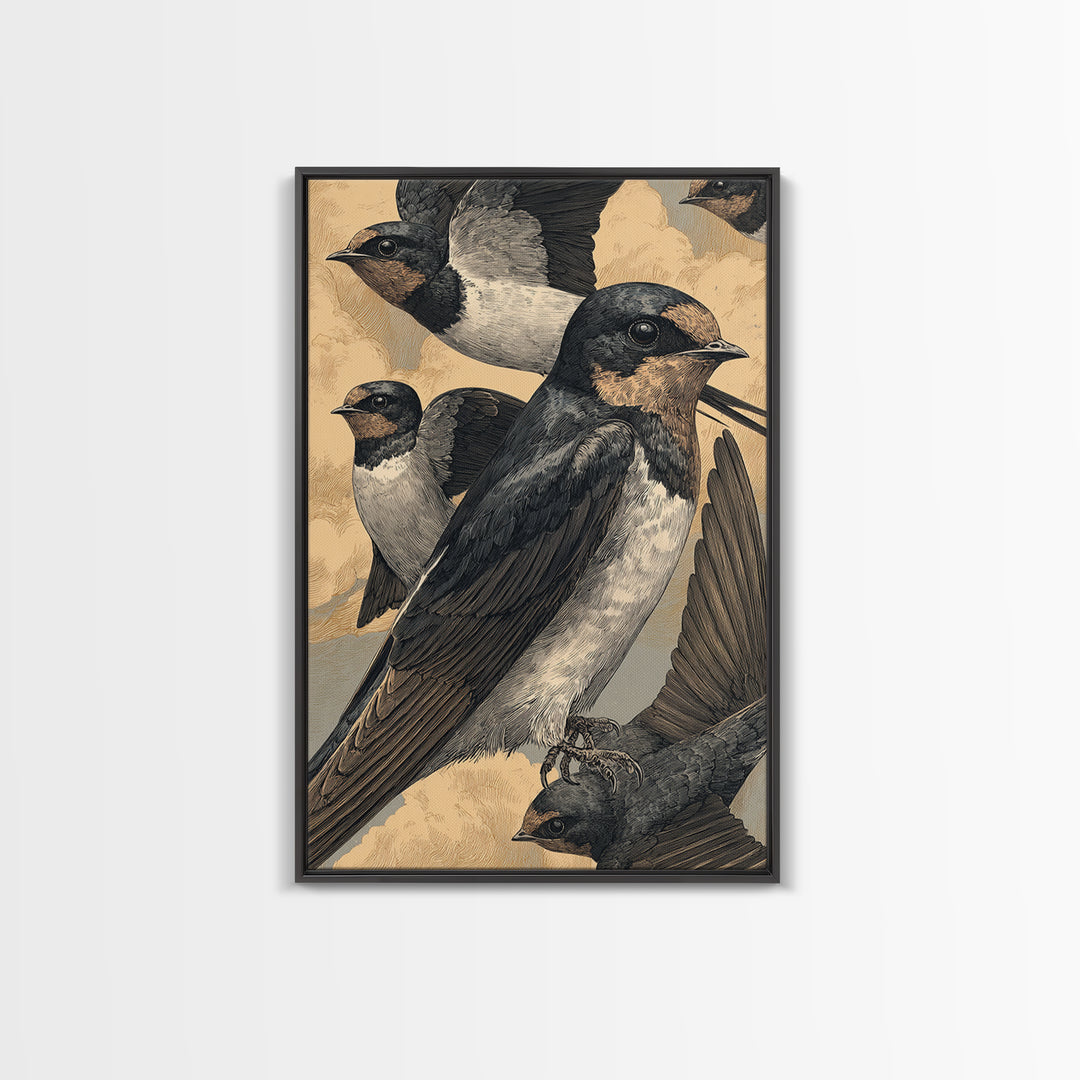 Flock of Swallows Sweeping Across Open Sky Canvas Print, Bird Art, Art Print, Living Room Decor, Oil Painting, Flight, BIR-2x3-14