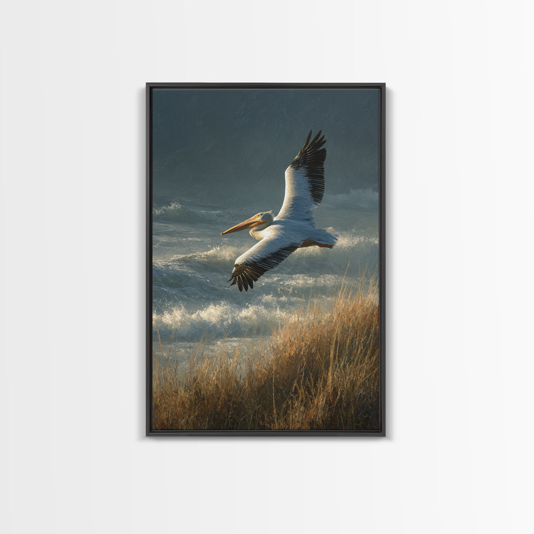 Pelican Flying over Coastal Waves Framed Canvas Print, Bird Art, Boho Decor, Living Room Decor, Abstract Art, Flight, BIR-2x3-2