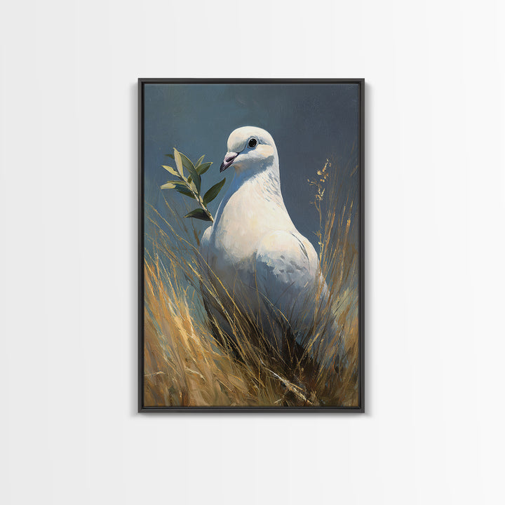 White Dove with Olive Branch and Calm Framed Canvas Print, Bird Art, Living Room Art, Living Room Decor, Watercolor Art, Flight, BIR-2x3-24