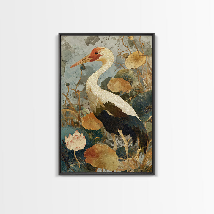 Crane and Lotus Composition Framed Canvas Print, Bird Art, Wall Art, Living Room Decor, Fine Art, Flight, Japanese Wall Art, BIR-2x3-25
