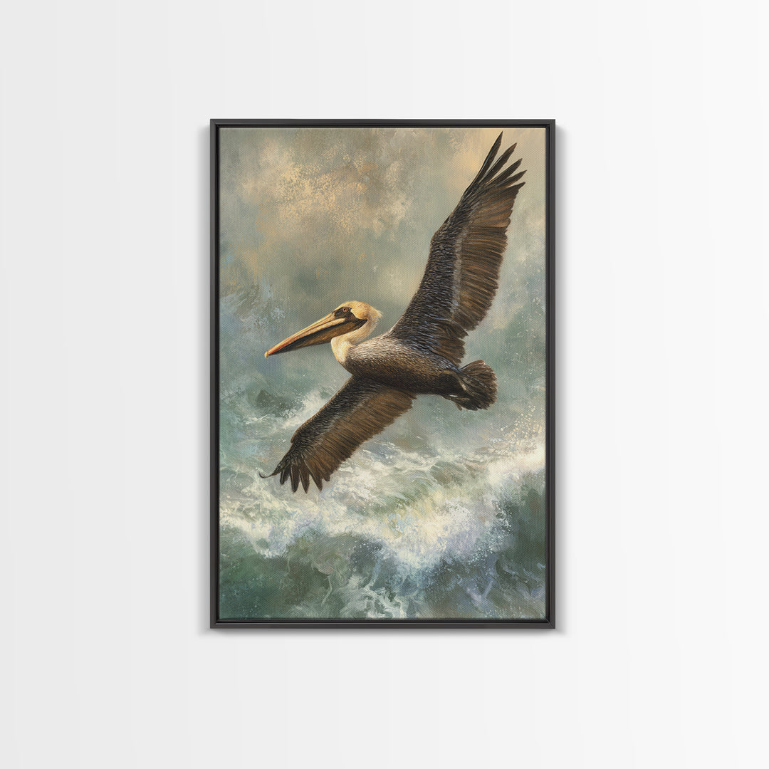 Pelican Flying over Coastal Waves Framed Canvas Print, Bird Art, Boho Decor, Living Room Decor, Abstract Art, Flight, BIR-2x3-26