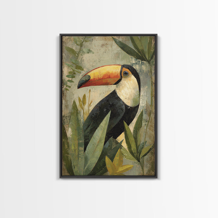Toucan Framed by Bold Jungle Foliage Canvas Print, Bird Art, Statement Artwork, Living Room Decor, Flight, Digital Prints, BIR-2x3-31