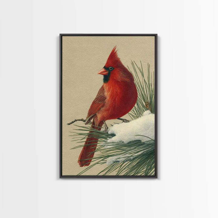 Red Cardinal on Snowy Pine Branch Framed Canvas Print, Bird Art, Digital Print, Living Room Decor, Flight, Bird Prints, BIR-2x3-33