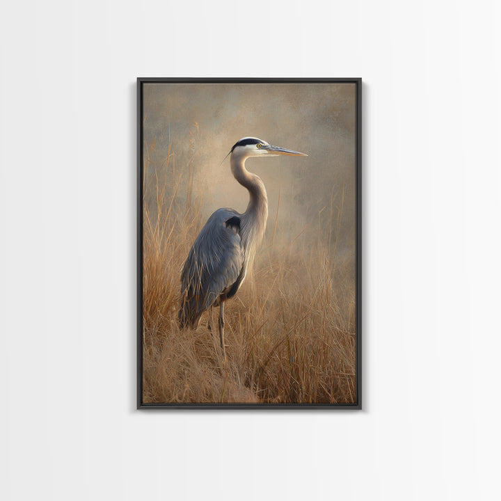 Blue Heron in Misty Marsh Grass Framed Canvas Print, Bird Art, Contemporary Art, Living Room Decor, Fine Art, Flight, BIR-2x3-34