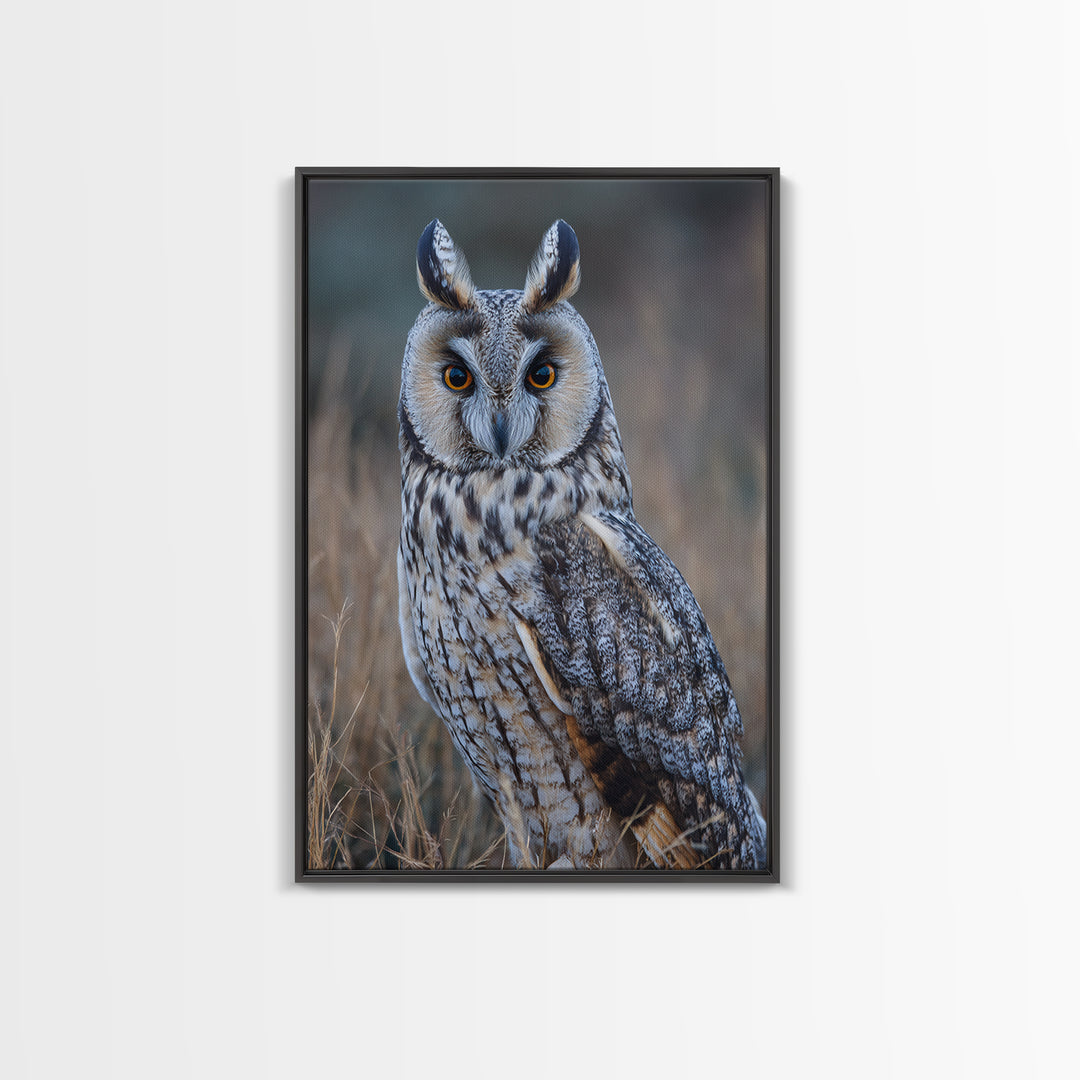 Owl Portrait with Wise Golden Eyes Framed Canvas Print, Bird Art, Digital Prints, Living Room Decor, Fine Art, Flight, BIR-2x3-37