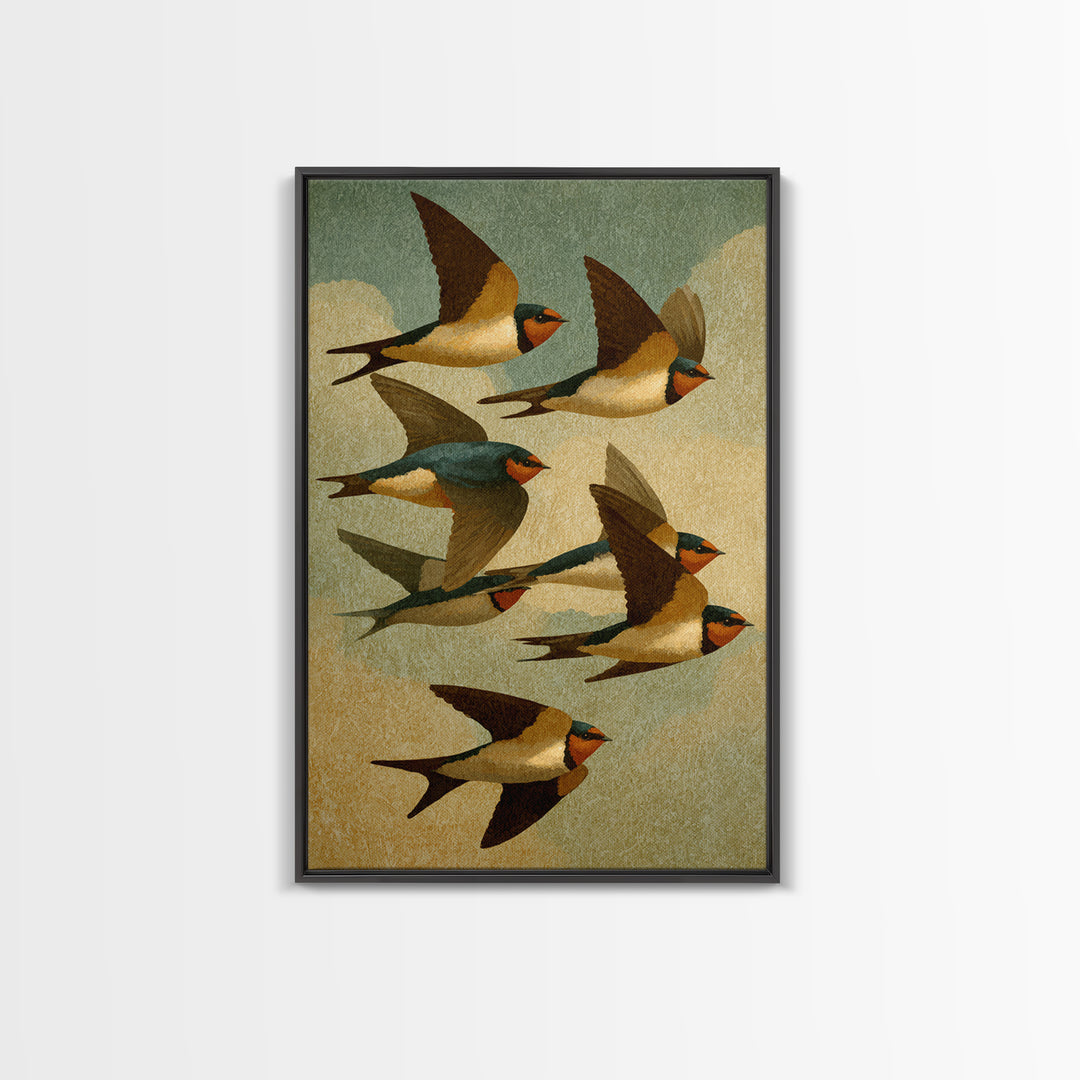 Flock of Swallows Sweeping Across Open Sky Framed Canvas Print, Bird Art, Wall Art, Living Room Decor, Fine Art, Flight, BIR-2x3-38