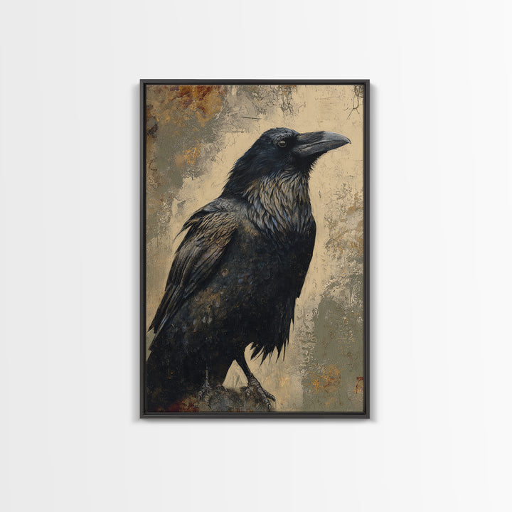 Raven Silhouette with Gothic Atmosphere Framed Canvas Print, Bird Art, Living Room Decor, Abstract Art, Flight, BIR-2x3-41