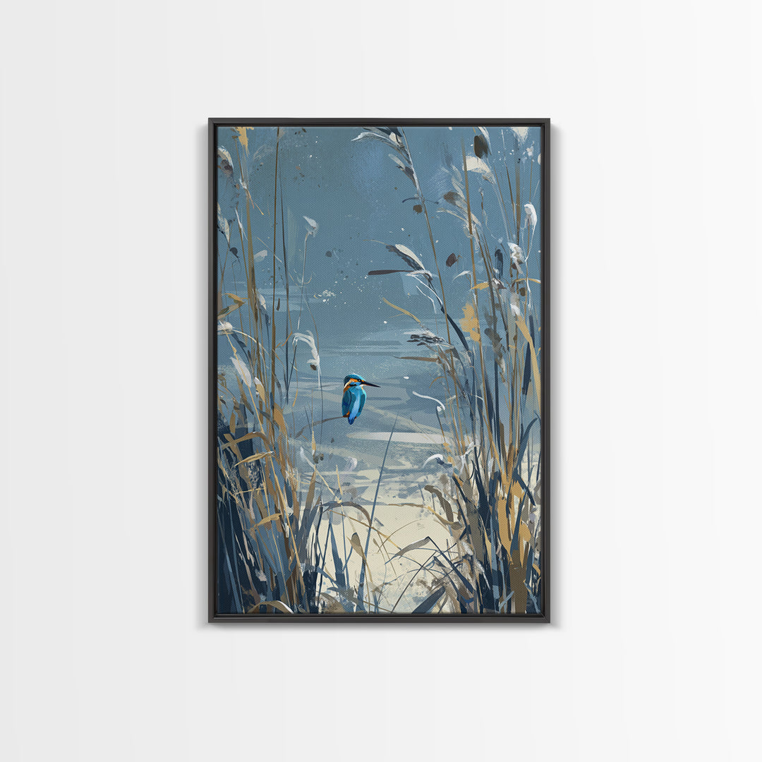 Kingfisher Diving Toward Blue Water Framed Canvas Print, Bird Art, Contemporary Art, Living Room Decor, Fine Art, Flight, BIR-2x3-43